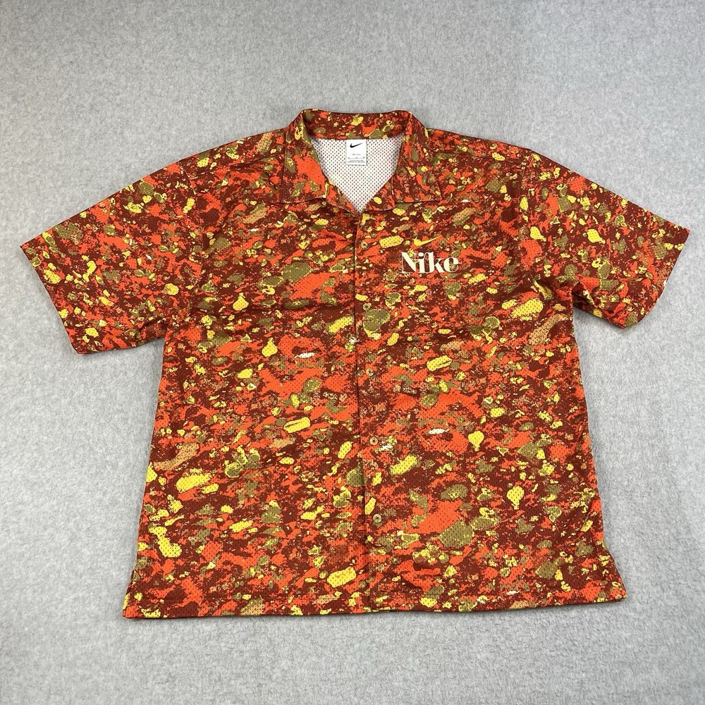 Nike Button Down Shirt Mens XL Orange Spotted Print Trek Division Mesh Camo